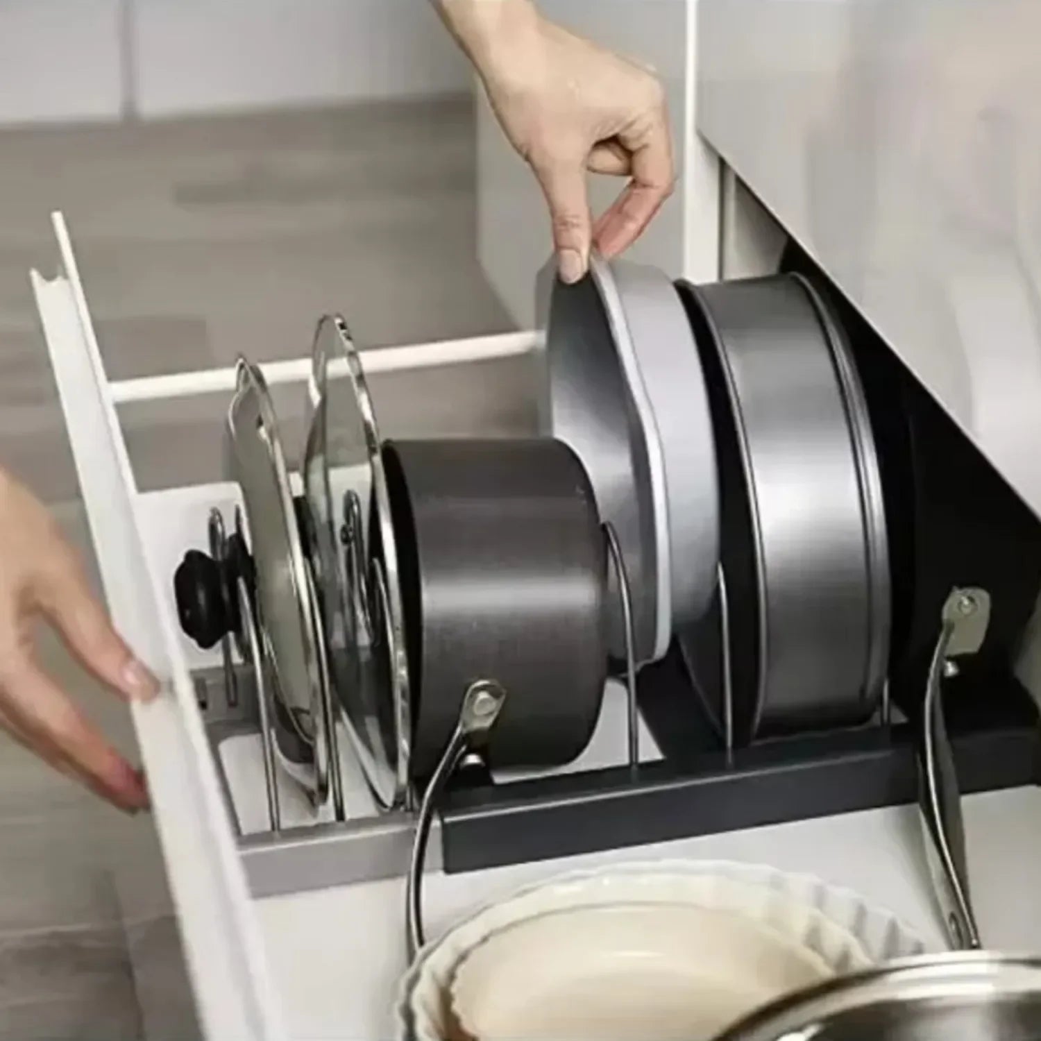 Expandable Pots and Pans Storage Rack for Cabinets Pot and Lid Holder with 6 Adjustable Shelves for Kitchen Organization Tools