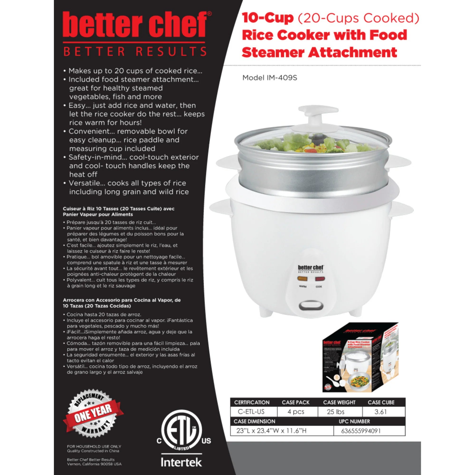 Better Chef 10-Cup - 20-Cup Cooked - Rice Cooker with Steamer