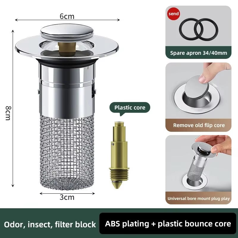 1PCS Washbasin Leak Plug, Stainless Steel Odor Proof Bouncing Core, Press Type Sink Drain, Universal Accessory for Washbasin