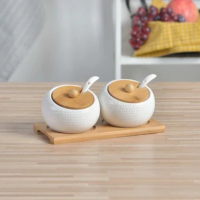 Household Kitchen Supplies Seasoning Jar Ceramic Cruet Salt Pepper Bottle Bamboo Tray Kitchen Seasoning Tool Storage Tank