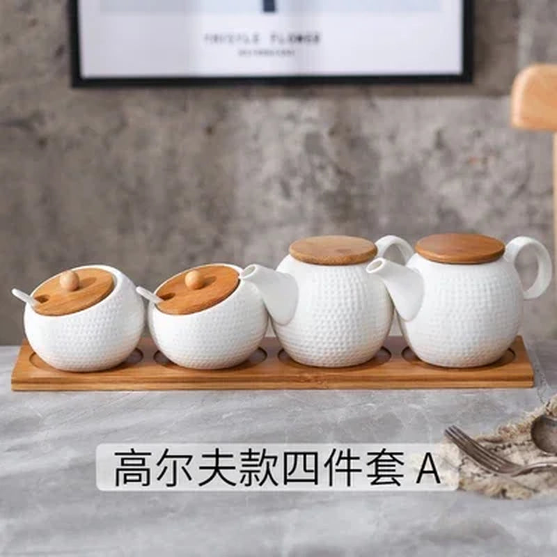 Household Kitchen Supplies Seasoning Jar Ceramic Cruet Salt Pepper Bottle Bamboo Tray Kitchen Seasoning Tool Storage Tank