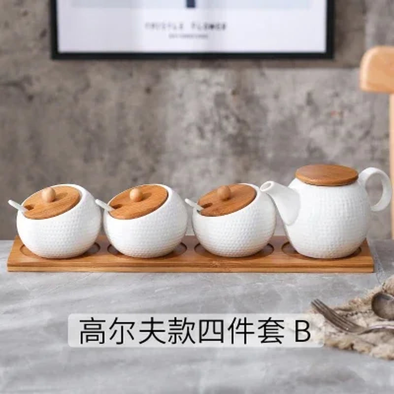 Household Kitchen Supplies Seasoning Jar Ceramic Cruet Salt Pepper Bottle Bamboo Tray Kitchen Seasoning Tool Storage Tank