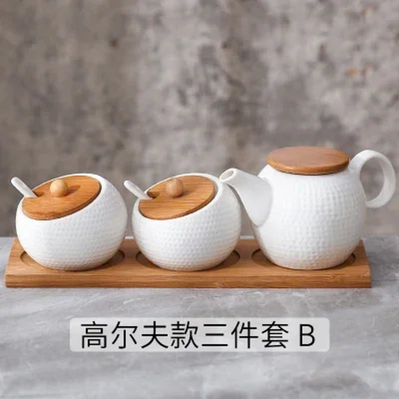 Household Kitchen Supplies Seasoning Jar Ceramic Cruet Salt Pepper Bottle Bamboo Tray Kitchen Seasoning Tool Storage Tank
